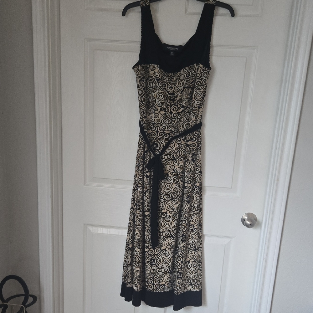 Perceptions Of New York Black and Cream Swirl Floral Dress Black Sash Belt Large